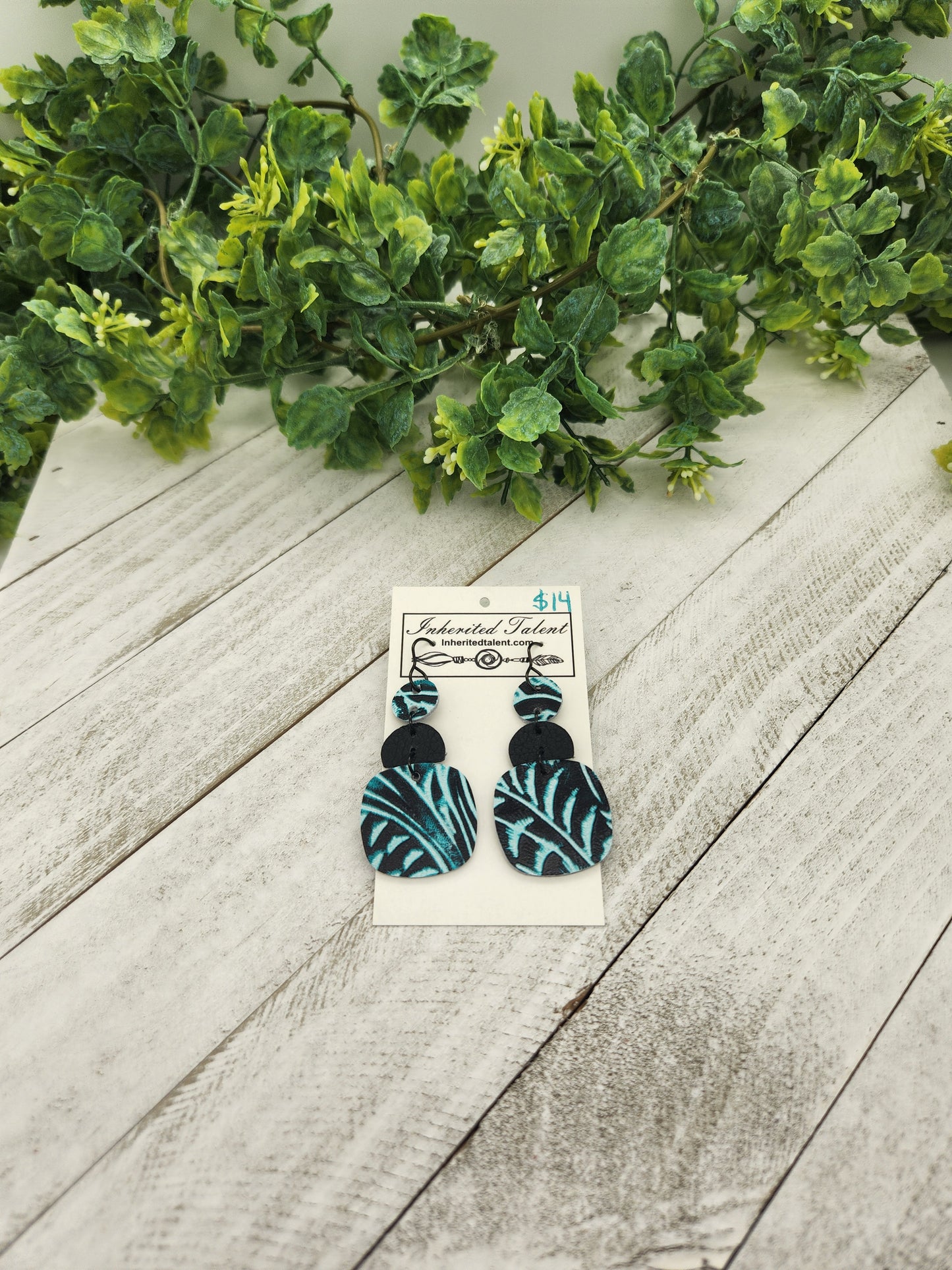 Teal and black leather earrings