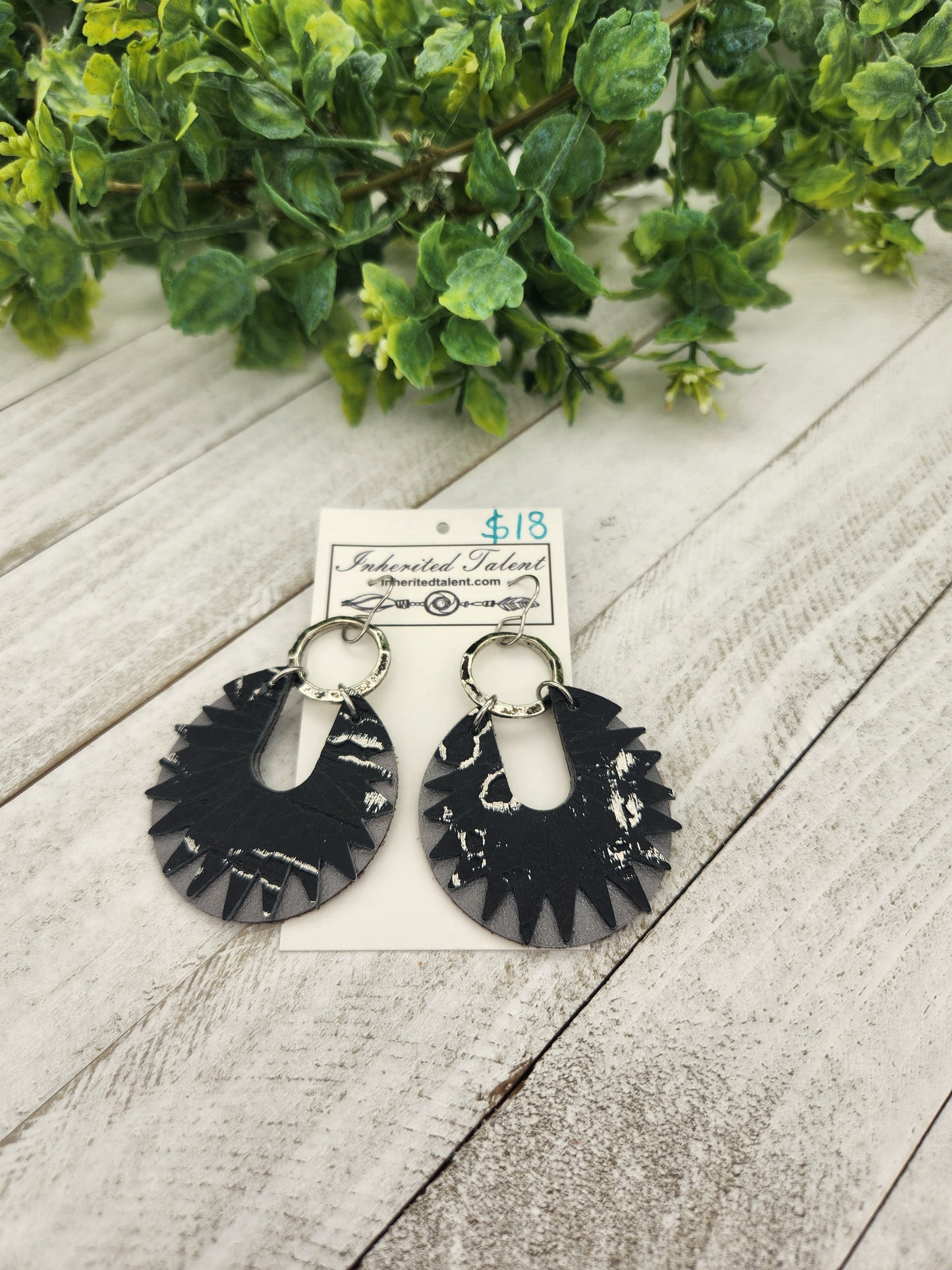 Black, grey, and silver leather earrings