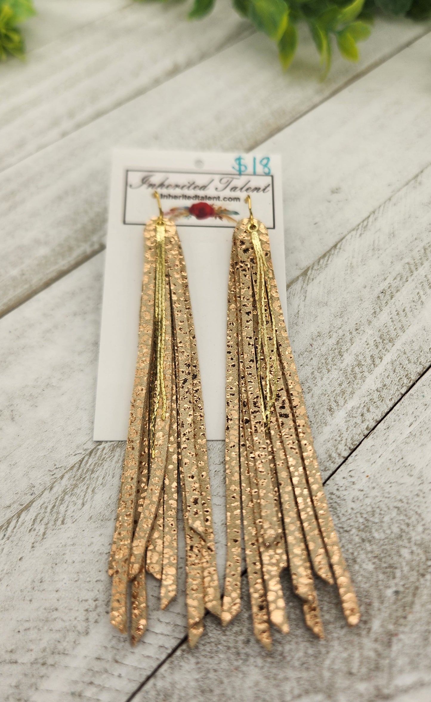 Long gold fringe leather earrings
