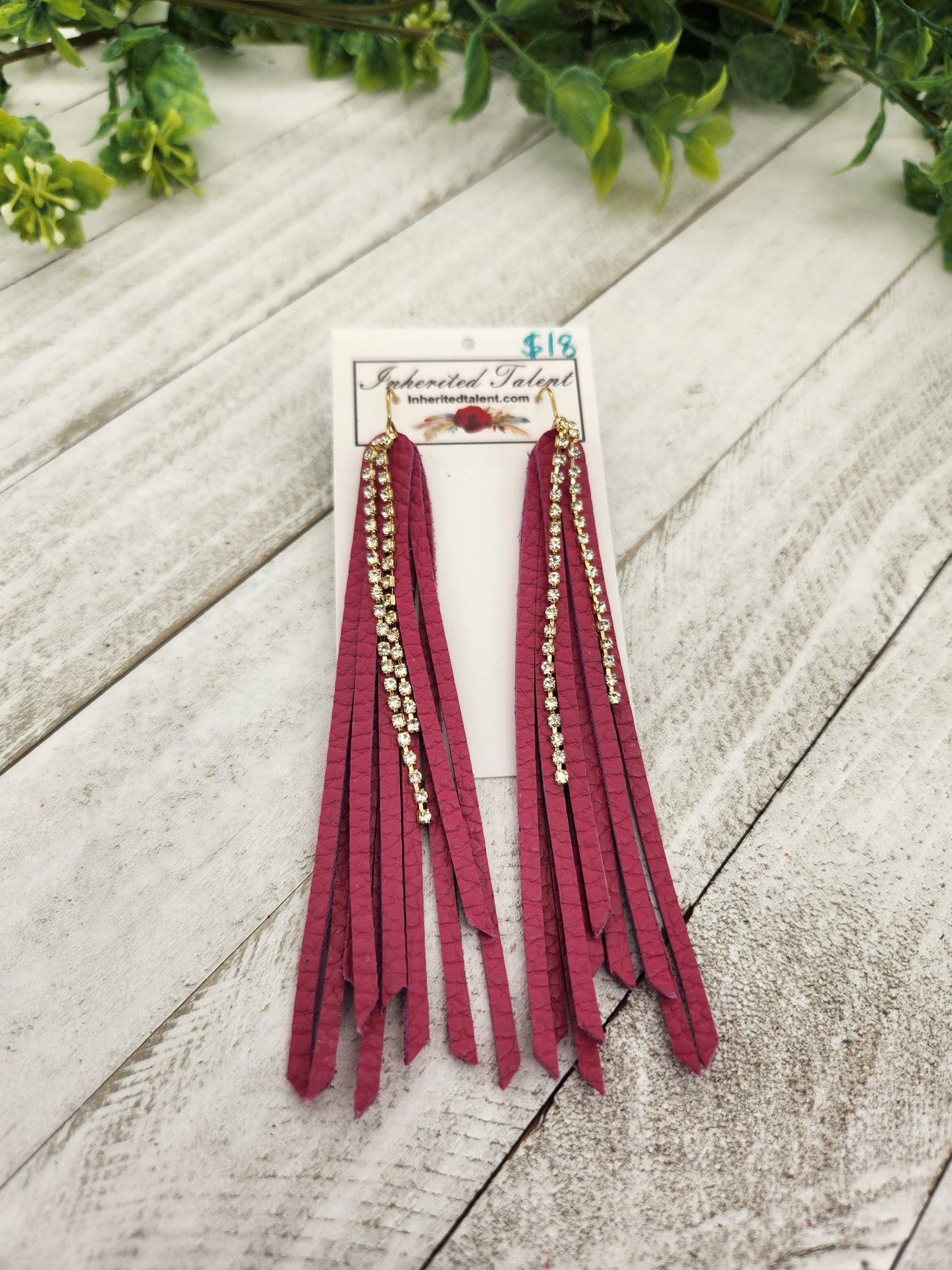 Long pink leather fringe earrings