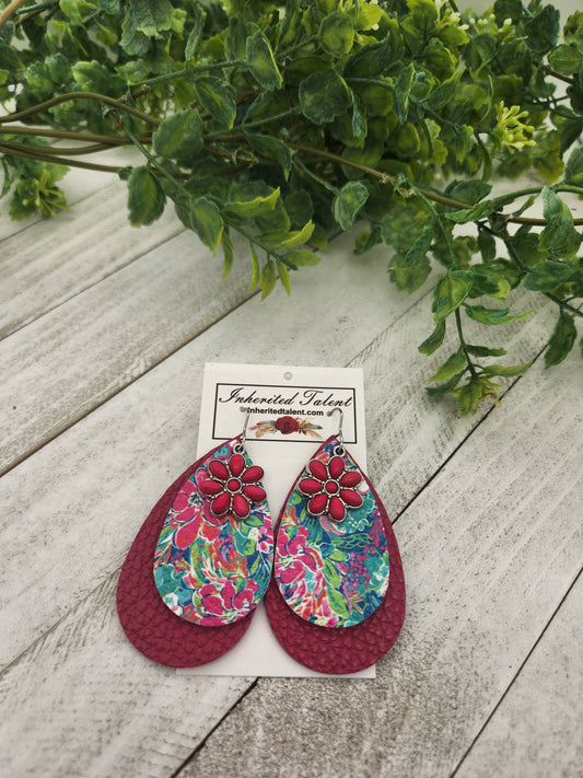 Pink flower leather earrings