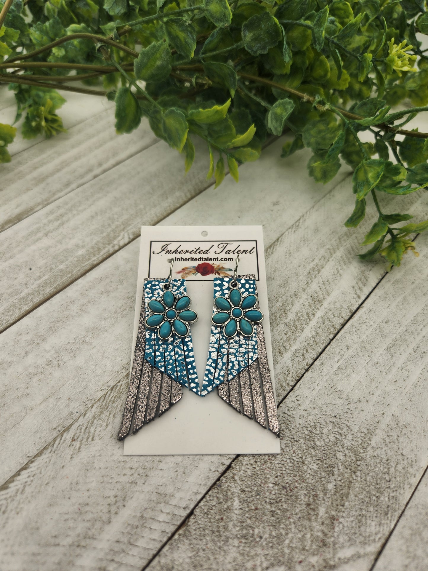 Turquoise flower leather earrings