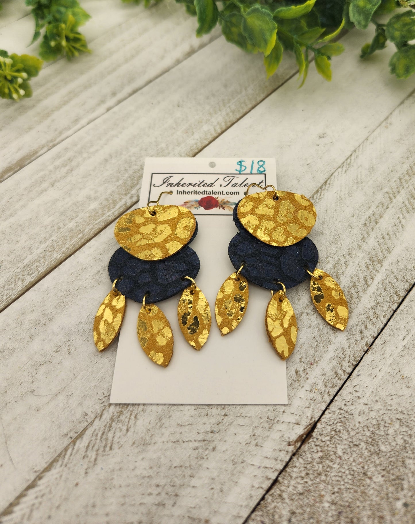 Gold and Blue Genuine Leather Earrings