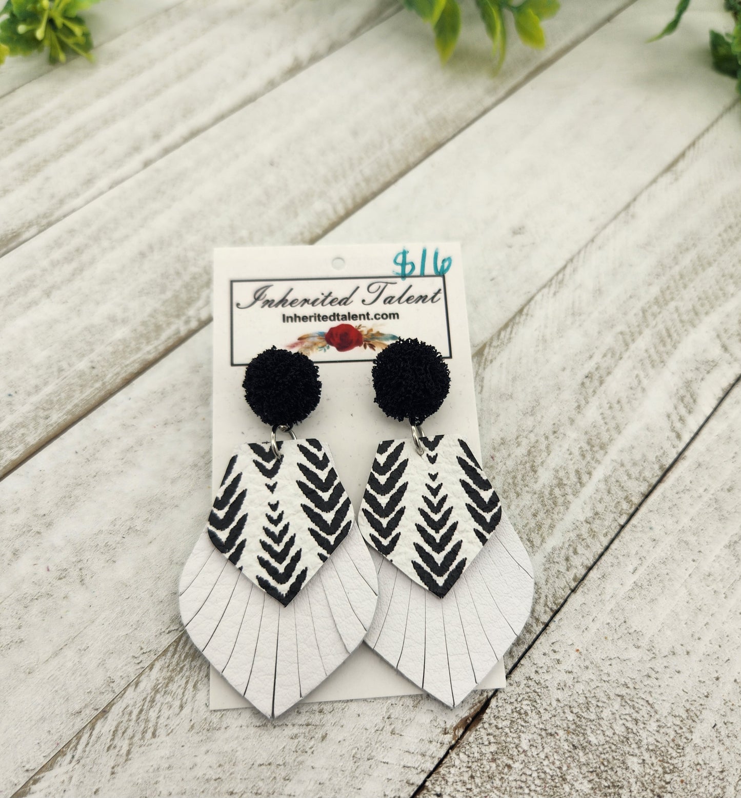 Black and White Genuine Leather Earrings