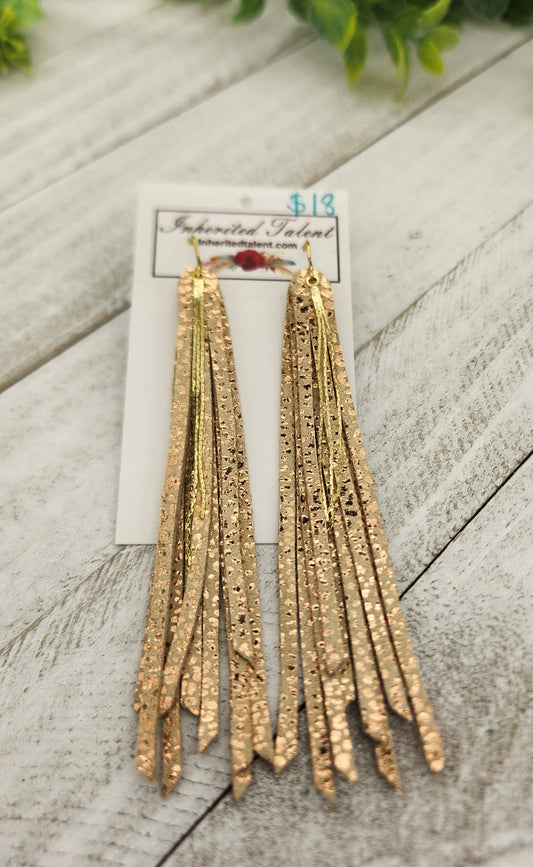 Long gold fringe leather earrings