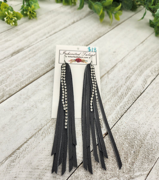 Long Grey Leather Fringe Earrings