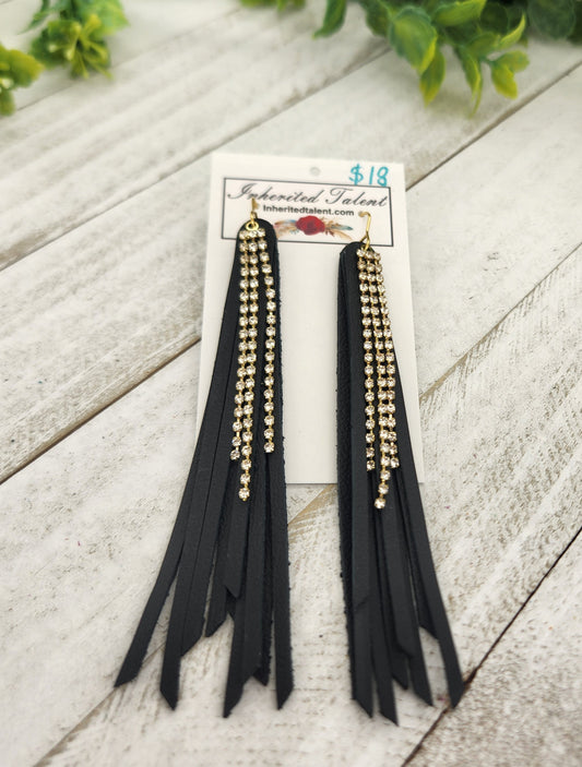 Long black leather fringe earrings