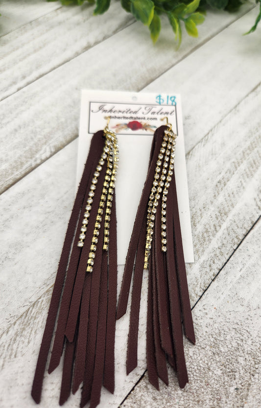 Long brown leather fringe earrings