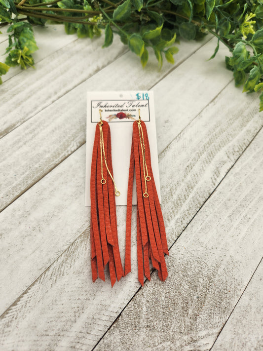 Long Orange Leather Fringe Earrings