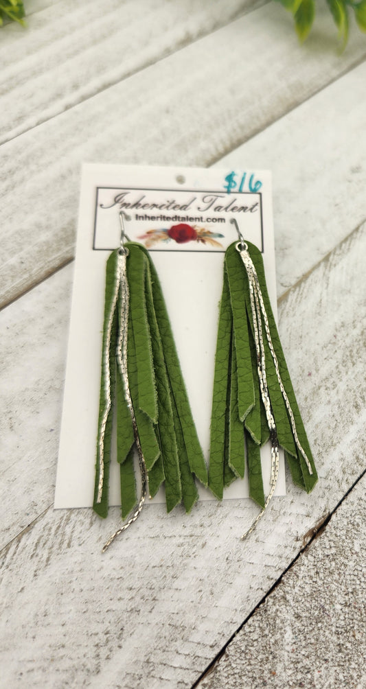 Green Leather Fringe Earrings