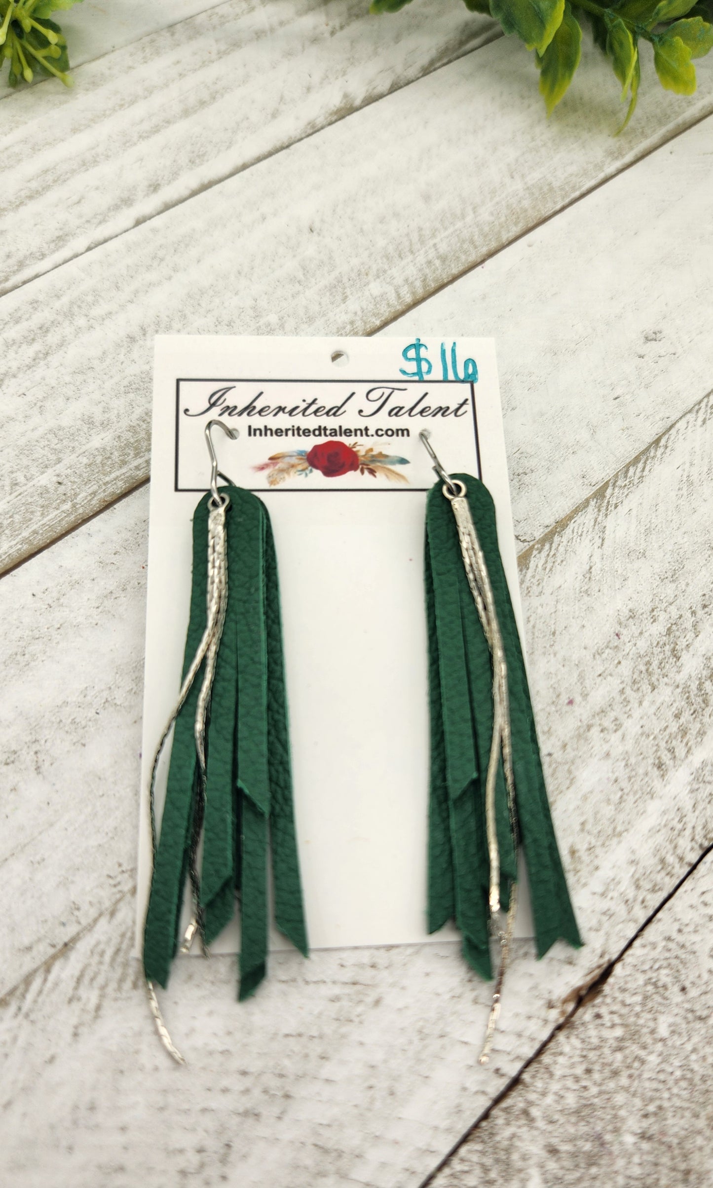 Green Leather Fringe Earrings